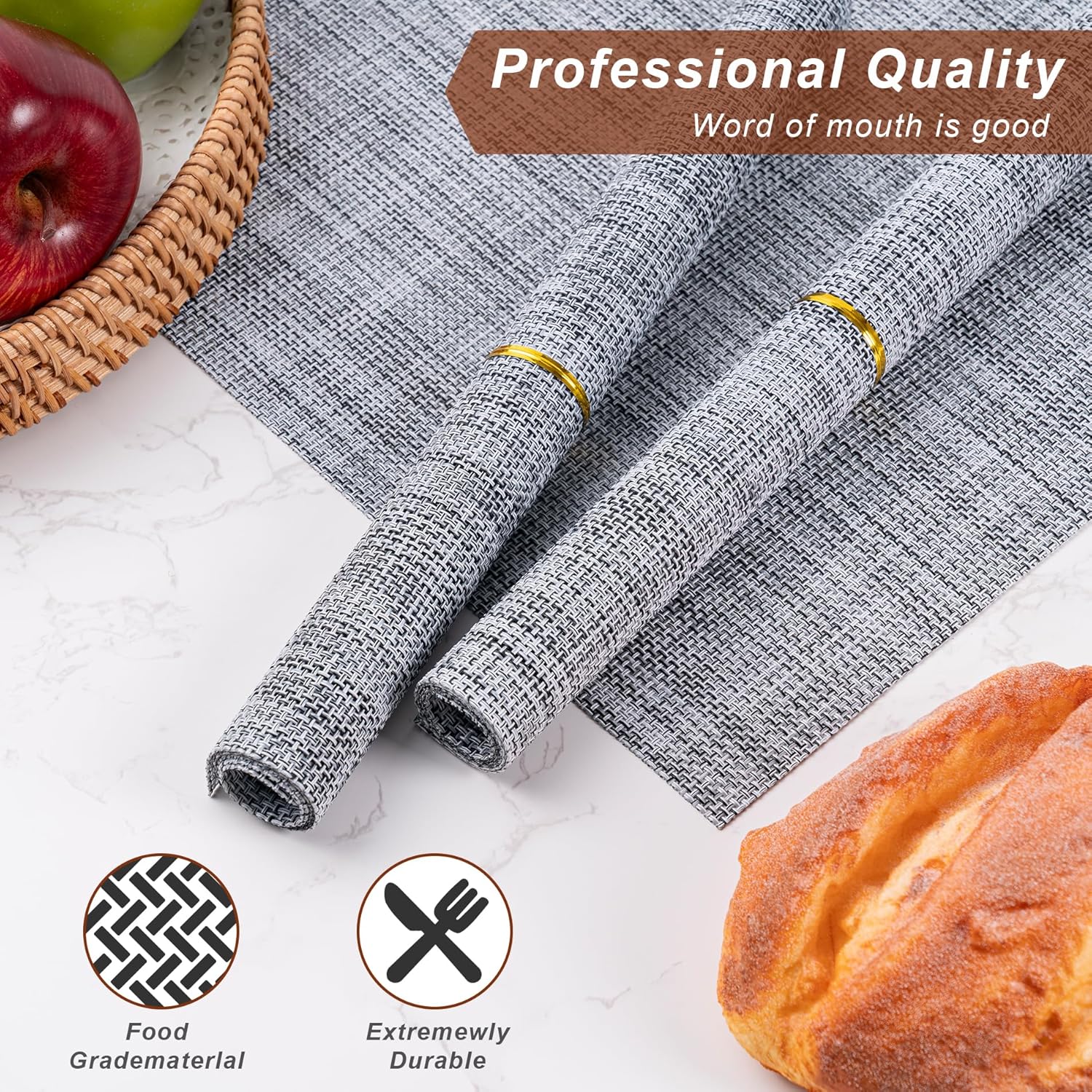 Placemats Set of 6 Washable Indoor/Outdoor Vinyl Place Mats for Dining Table Durable Non-Slip Heat