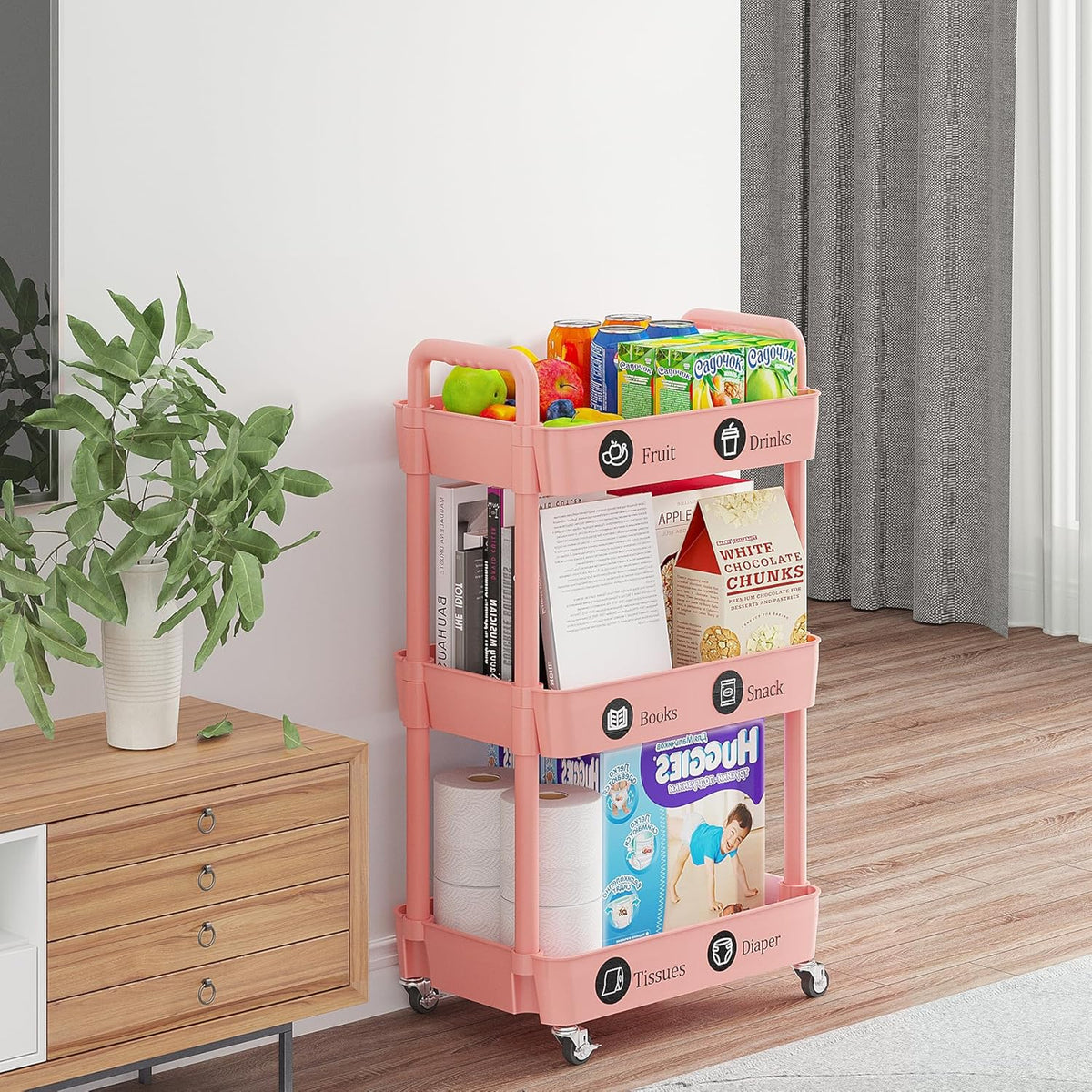 Laiensia 3-Tier Rolling Cart with Wheels,Multifunction Utility Storage carts, Kitchen Storage