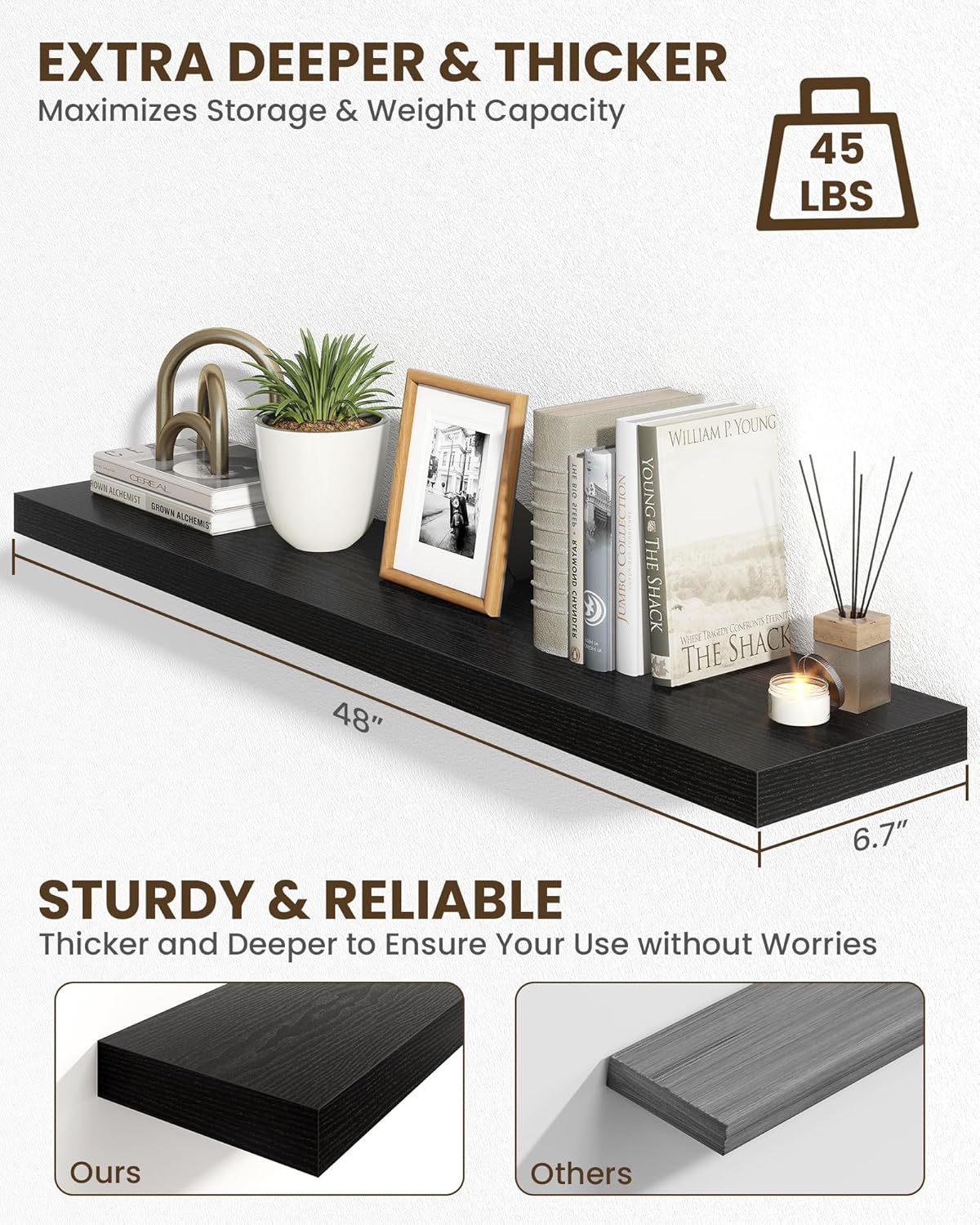 Marsmiles 48" Floating Shelves for Wall, Wooden Shelves with Invisible Brackets Set of 2, Rustic
