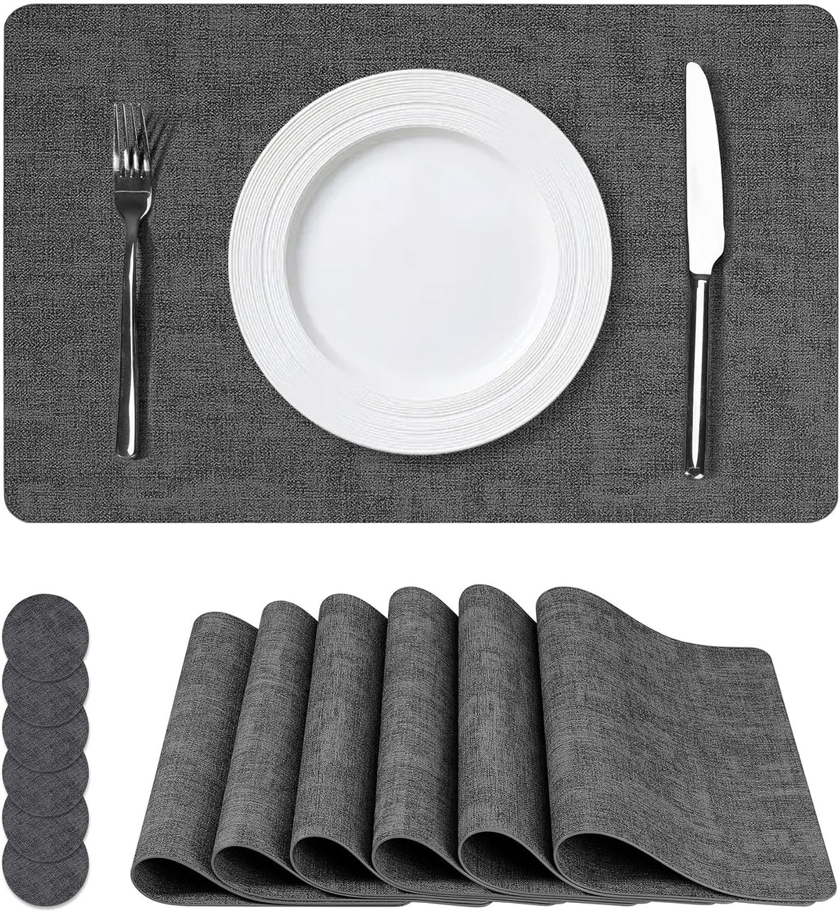 Vinyl Placemats Set of 6, Faux Leather Waterproof and Heat Resistant Place Mats, Washable Anti-Slip