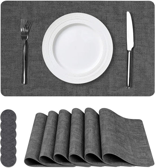 Vinyl Placemats Set of 6, Faux Leather Waterproof and Heat Resistant Place Mats, Washable Anti-Slip