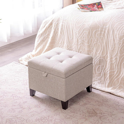 Adeco 18 Inch High Cube Ottoman Storage, Linen Chair Foot Stools, Upholstered Vanity Stool with