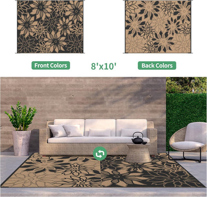 GENIMO Outdoor Rug Waterproof for Patio Decor, 8' x 10' Reversible Plastic Straw Floral Camping
