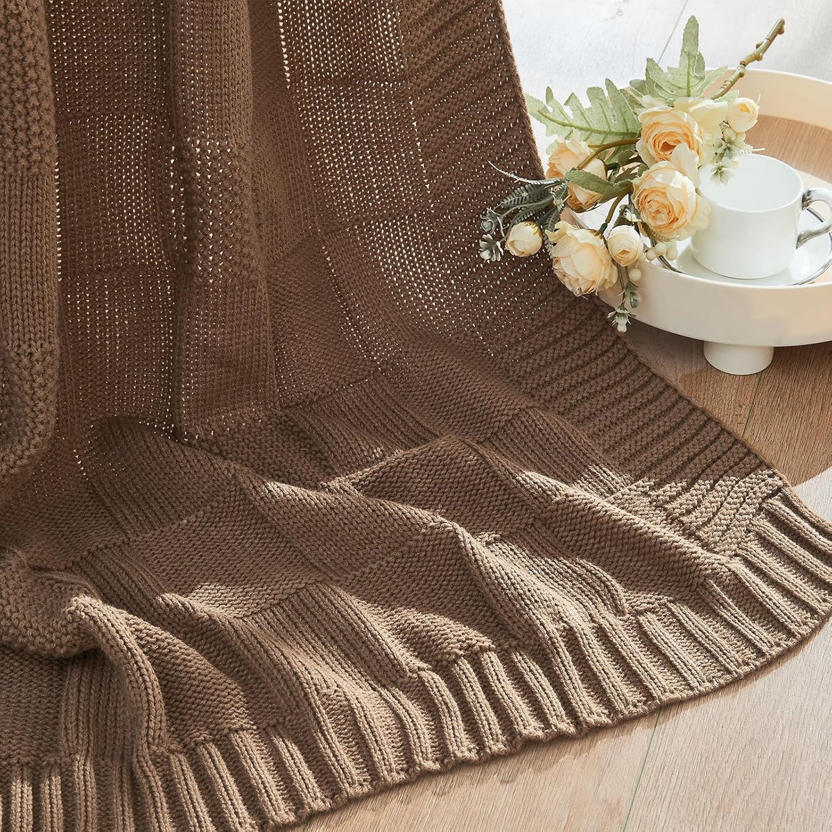 CozeCube Check Knit Throw Blanket, Light Brown Checkered Throw for Couch, Decorative Christmas Soft