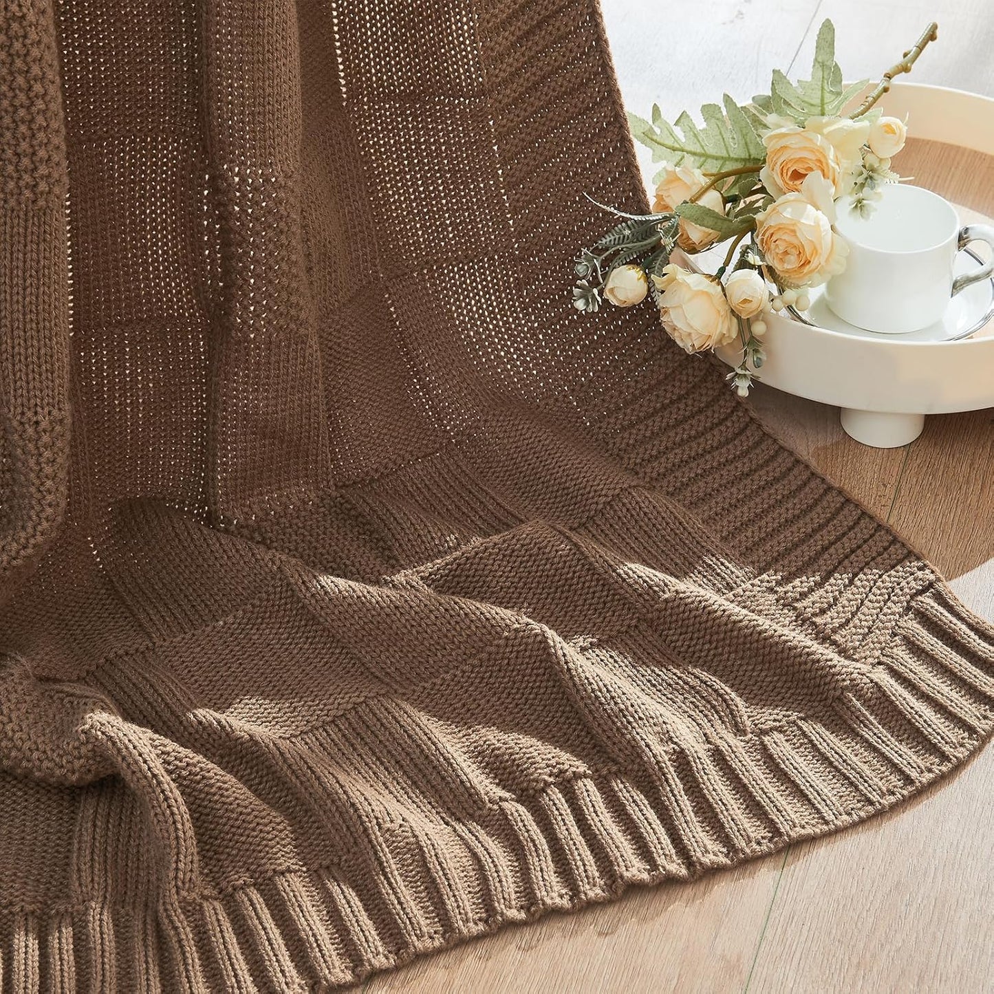CozeCube Check Knit Throw Blanket, Light Brown Checkered Throw for Couch, Decorative Christmas Soft