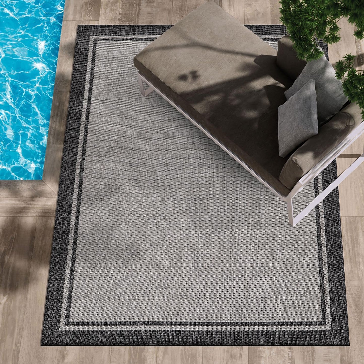 CAMILSON Indoor Outdoor Rug, 6x9 Bordered Gray Modern Area Rugs for Indoor and Outdoor Patios