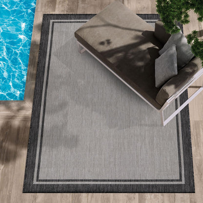 CAMILSON Indoor Outdoor Rug, 6x9 Bordered Gray Modern Area Rugs for Indoor and Outdoor Patios