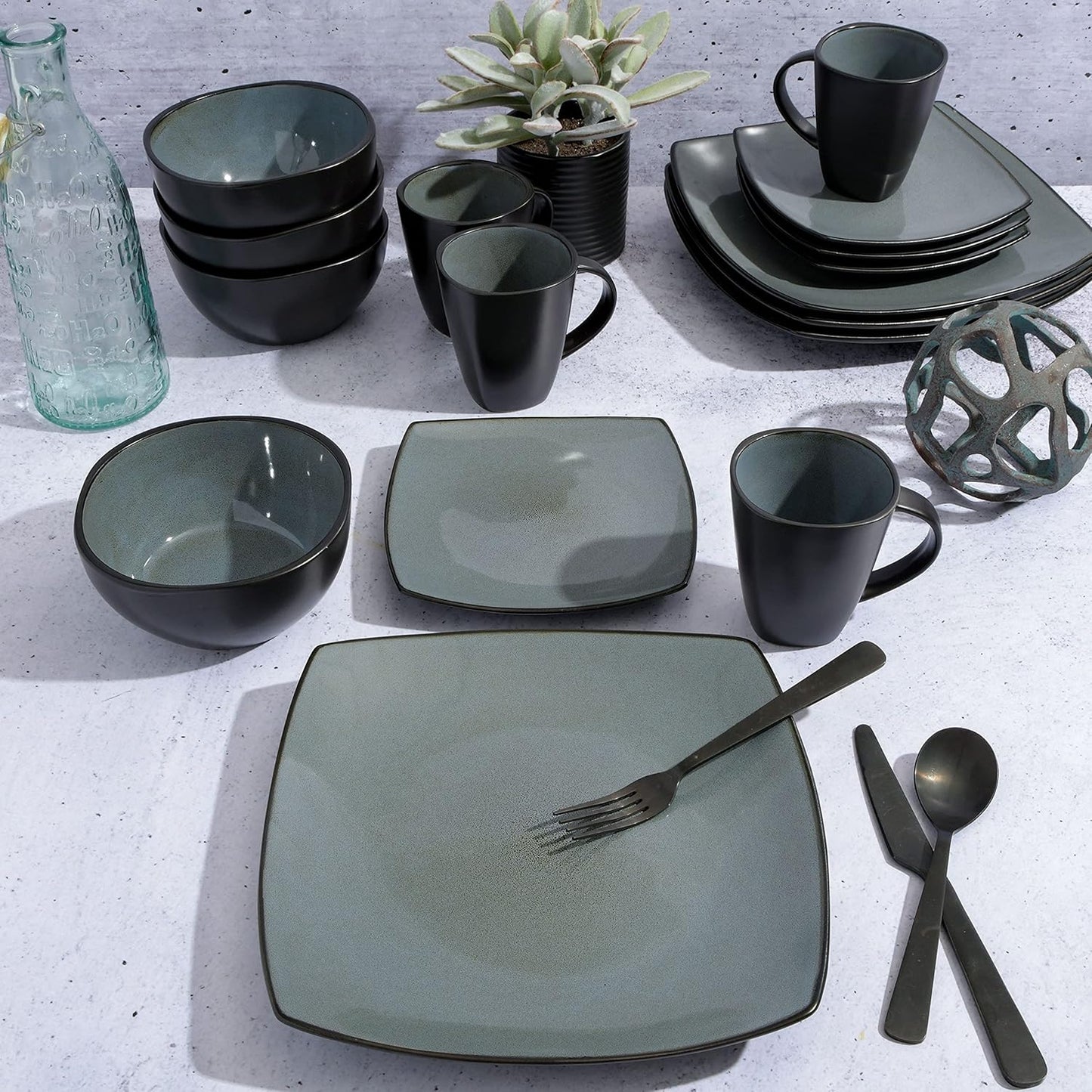 Gibson Elite Soho Lounge Square Reactive Glaze Stoneware Dinnerware Set, Service for 4 (16pc)