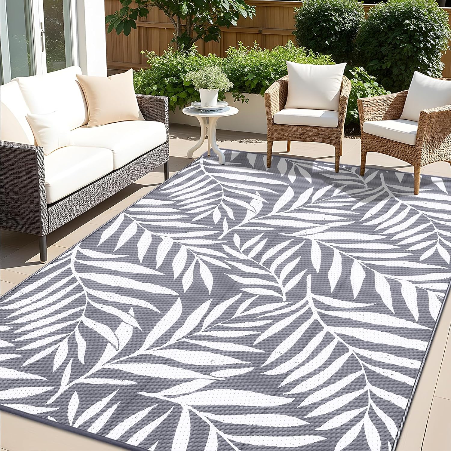 OLANLY Waterproof Outdoor Rug 9x12 ft, Reversible Outdoor Plastic Straw Rug with Leaf Pattern, RV