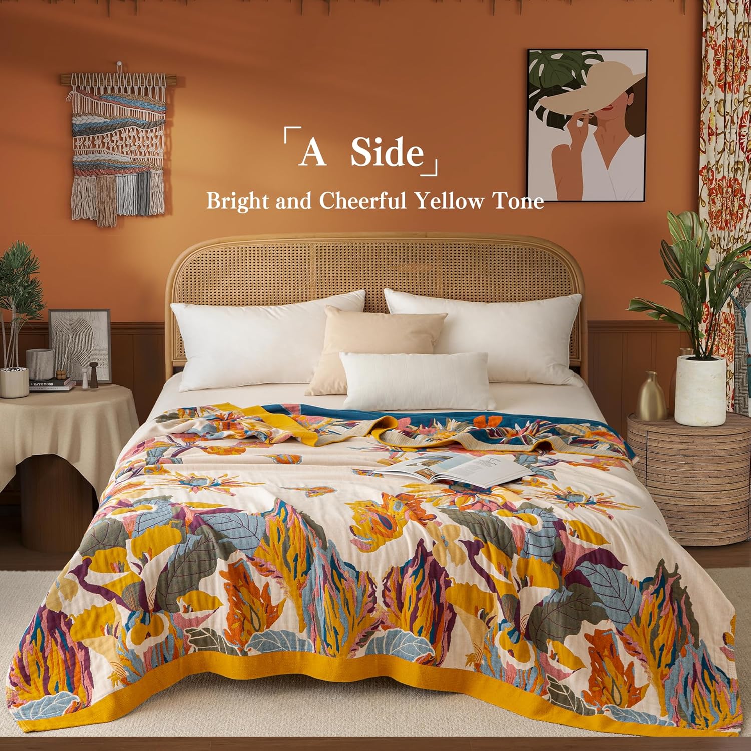 Boho Throw Blanket Queen Size, Oversized Soft Cozy Cotton Muslin Quilt Blanket for Bed Decor
