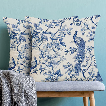 Navy Blue Spring Floral Pillow Covers 18 x 18 Inch Set of 2 for Chinoiserie Flowers Bird Decor