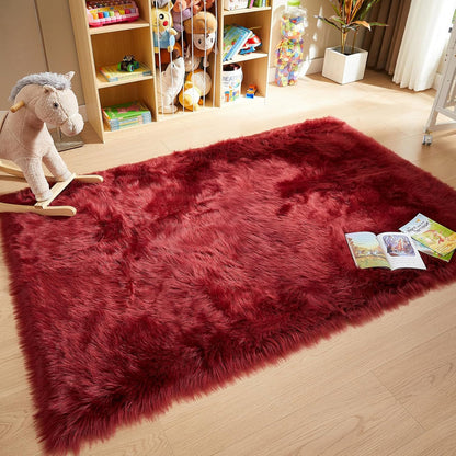 AMTOVO Faux Fur Sheepskin Rug for Living Room, 4 x 6 ft Burgundy Fluffy Area Rug for Bedroom