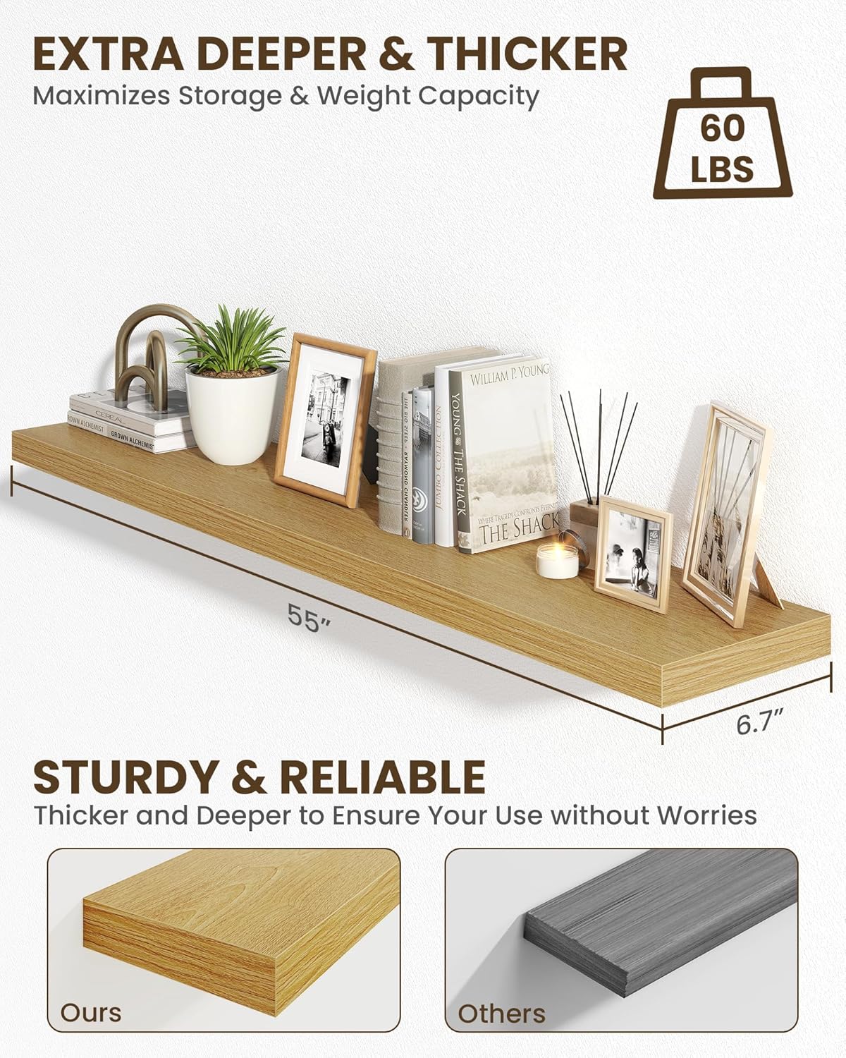 Marsmiles 55" Floating Shelves for Wall, Wooden Shelves with Invisible Brackets Set of 2, Rustic