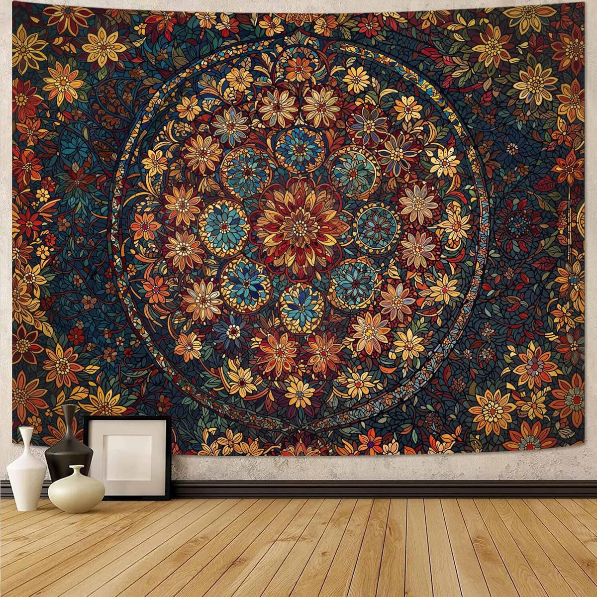 Fowocu Boho Floral Mandala Tapestry Wall Hanging Vintage Bohemian Flower Medallion Tapestry