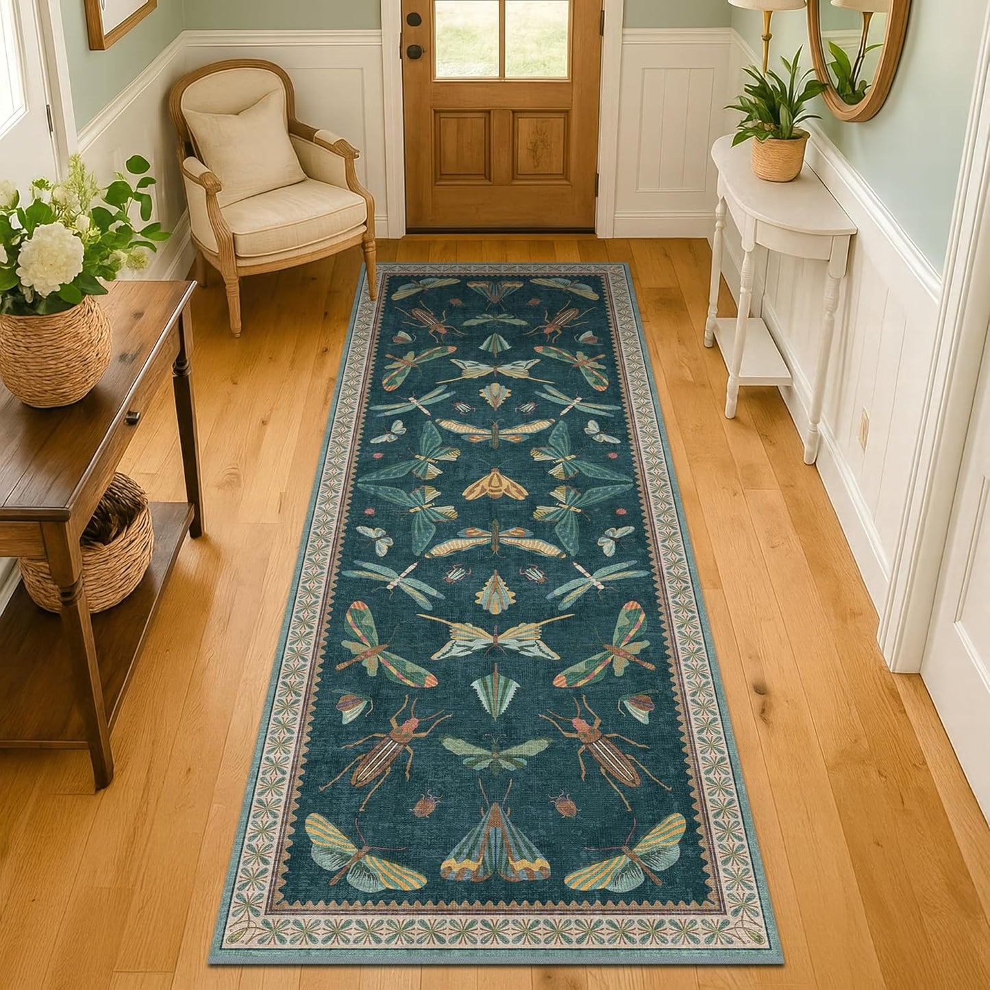 Brown and Green Kitchen Sink Runner Rug 2x6 - Teal Boho Bathroom Rugs for Entrance Indoor, Insect