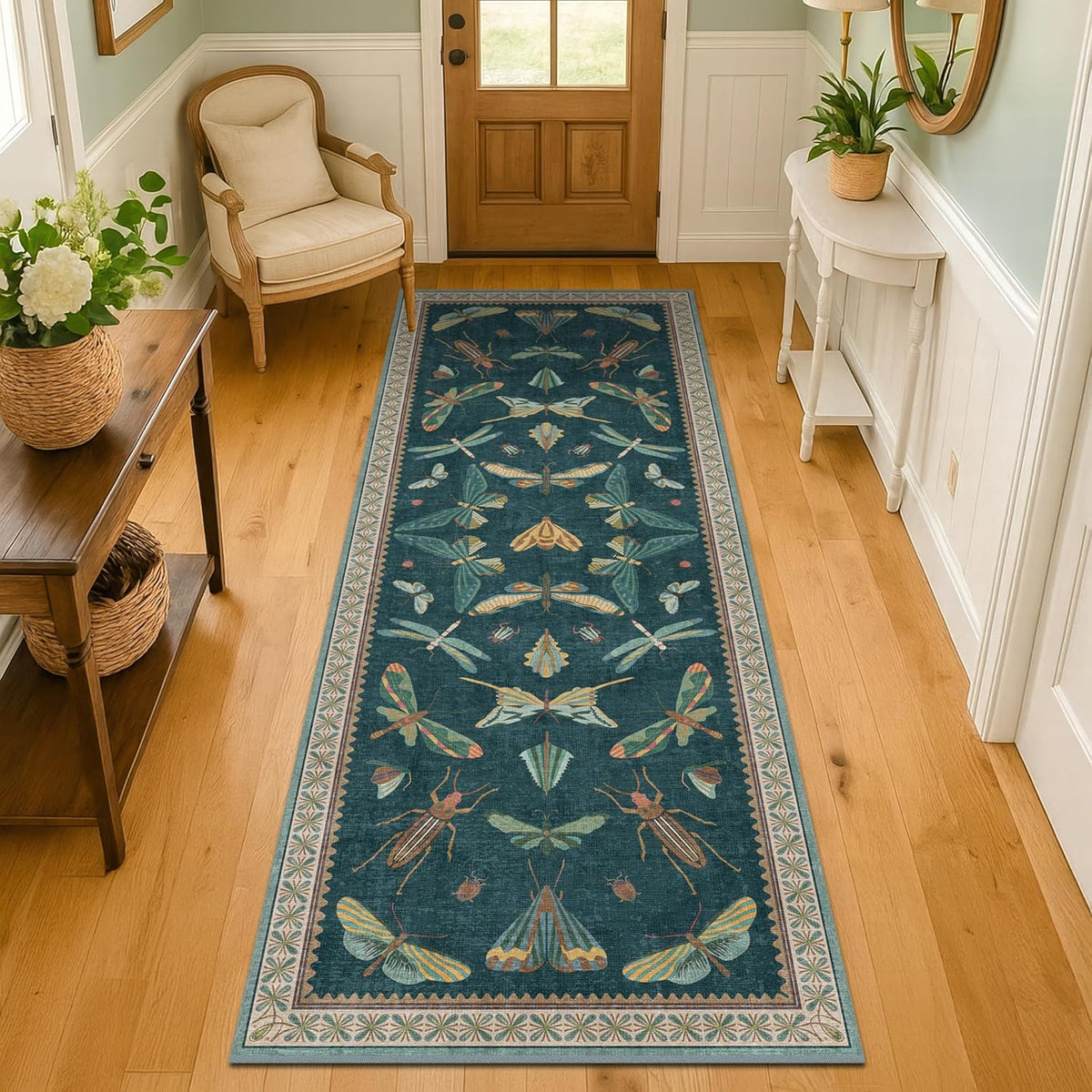 Brown and Green Kitchen Sink Runner Rug 2x6 - Teal Boho Bathroom Rugs for Entrance Indoor, Insect