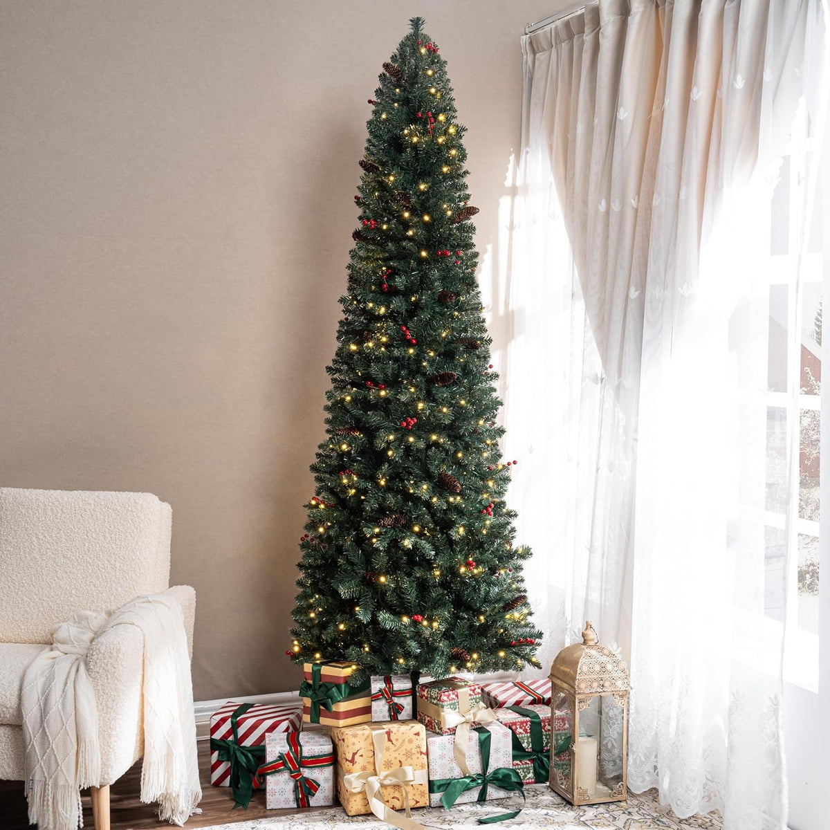Naomi Home Belen 9ft Pencil Christmas Tree Prelit pre-Decorated with Pine Cones, Red Berries, 1457