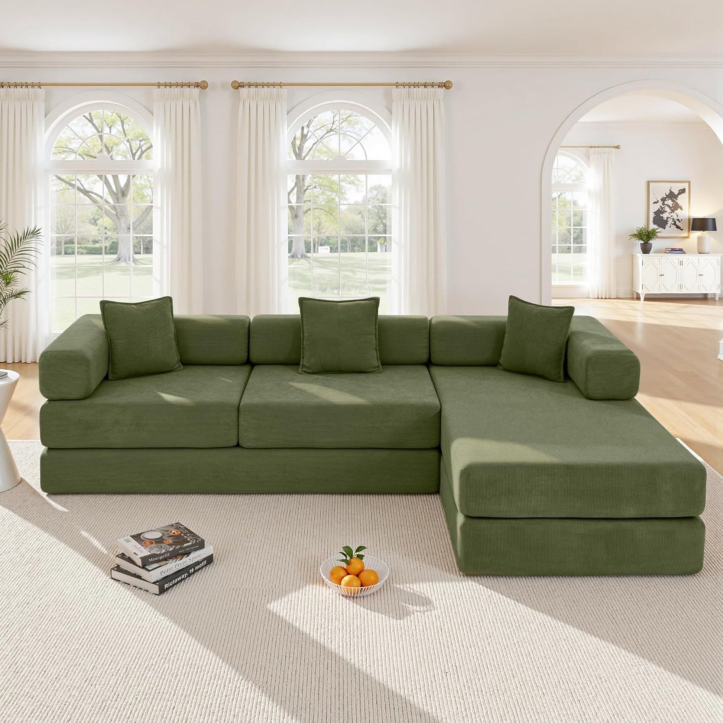 108" Oversized Convertible Sleeper Sofa Bed, Corduroy L Shape Sectional Couch, Folding Sofa Bed