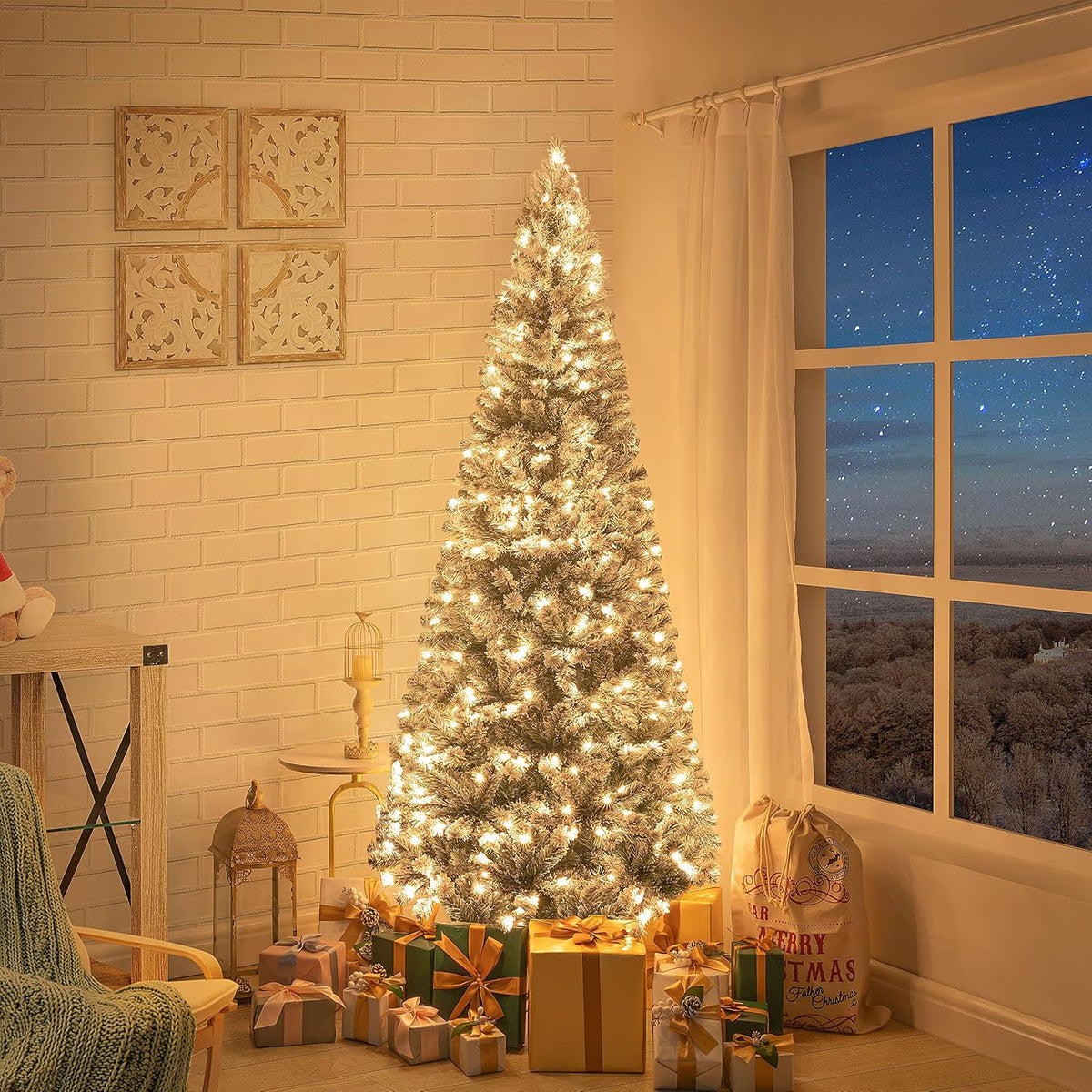 Naomi Home Salzburg 6.5ft Frosted Prelit Slim Artificial Christmas Tree with 864 Branch Tips, 250