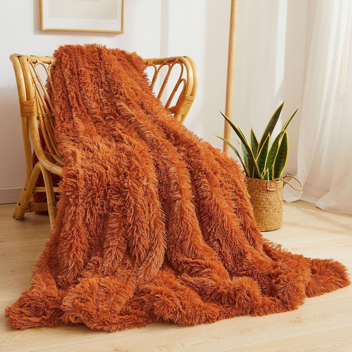 XeGe Luxury Faux Fur Throw, Burnt Orange Soft 50x60 Fluffy Blanket, Shaggy Plush Decorative Couch