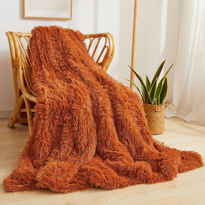 XeGe Luxury Faux Fur Blanket, Burnt Orange Soft Fluffy Bed Throw, Shaggy Plush Big Decorative Couch