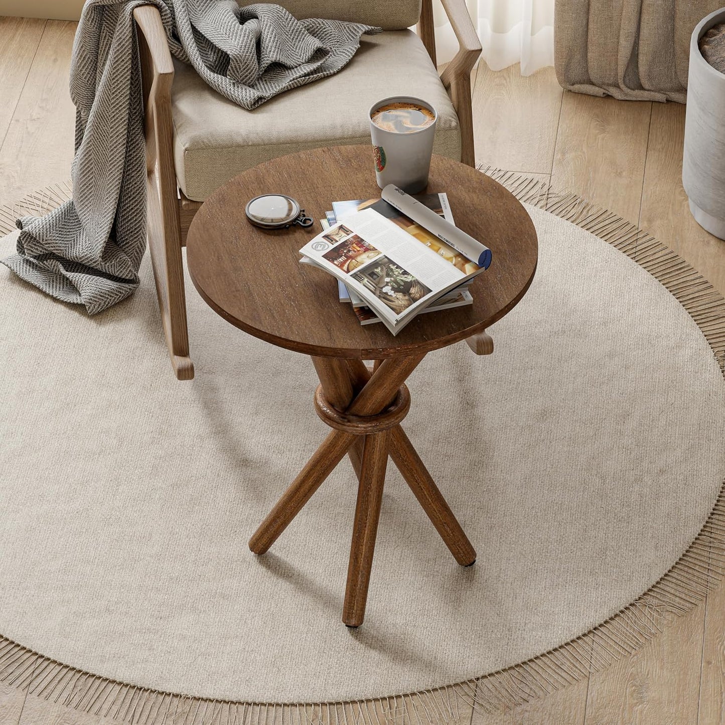 Round Wood End Table Farmhouse Wooden Side Table Rustic Plant Stand with Bundled Legs for Living
