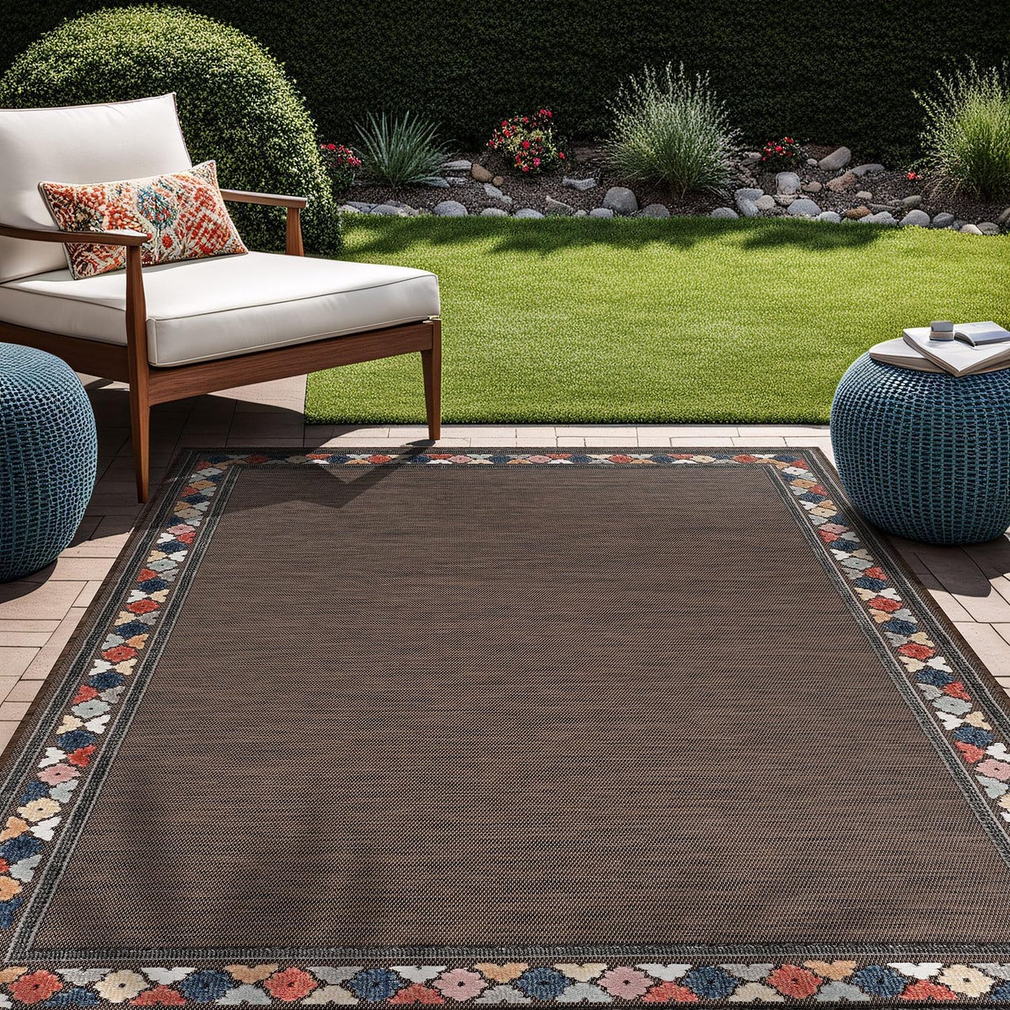 Beverly Rug Outdoor Rug 5x7 Modern Bordered Area Rugs for Indoor and Outdoor Patio Easy to Clean