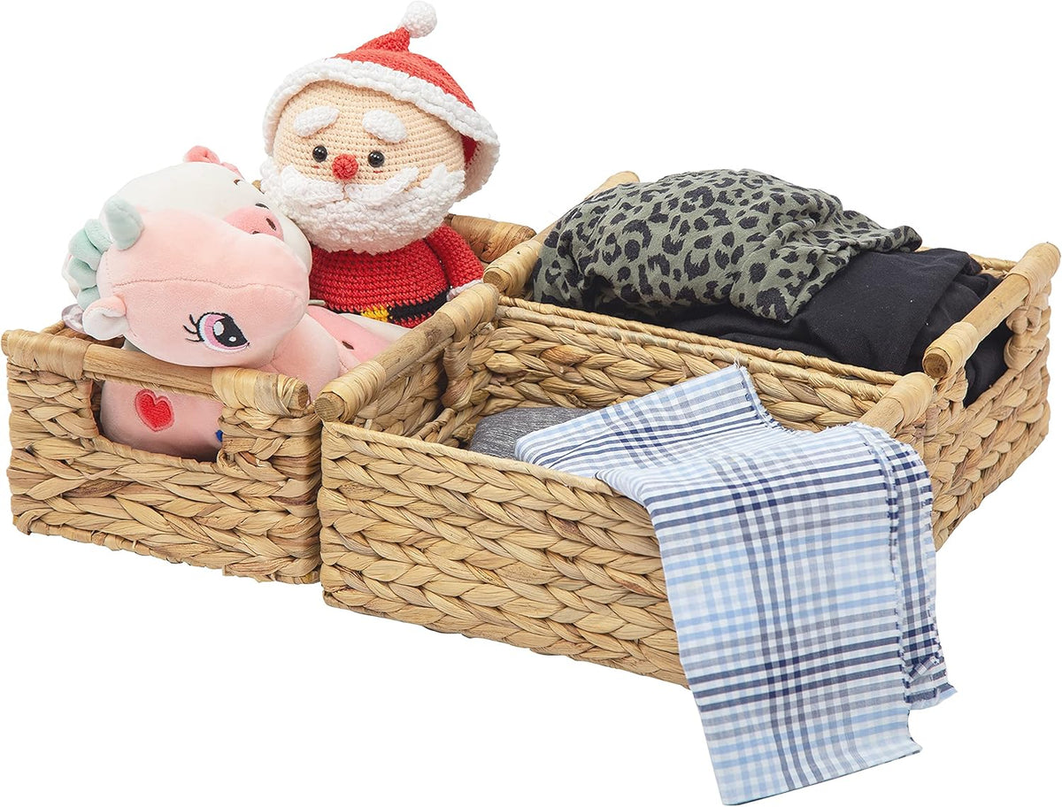 VATIMA Hyacinth Small Wicker Basket 11.6x8.1x4.9" - Bathroom Organizer, Wooden Handle, Decorative