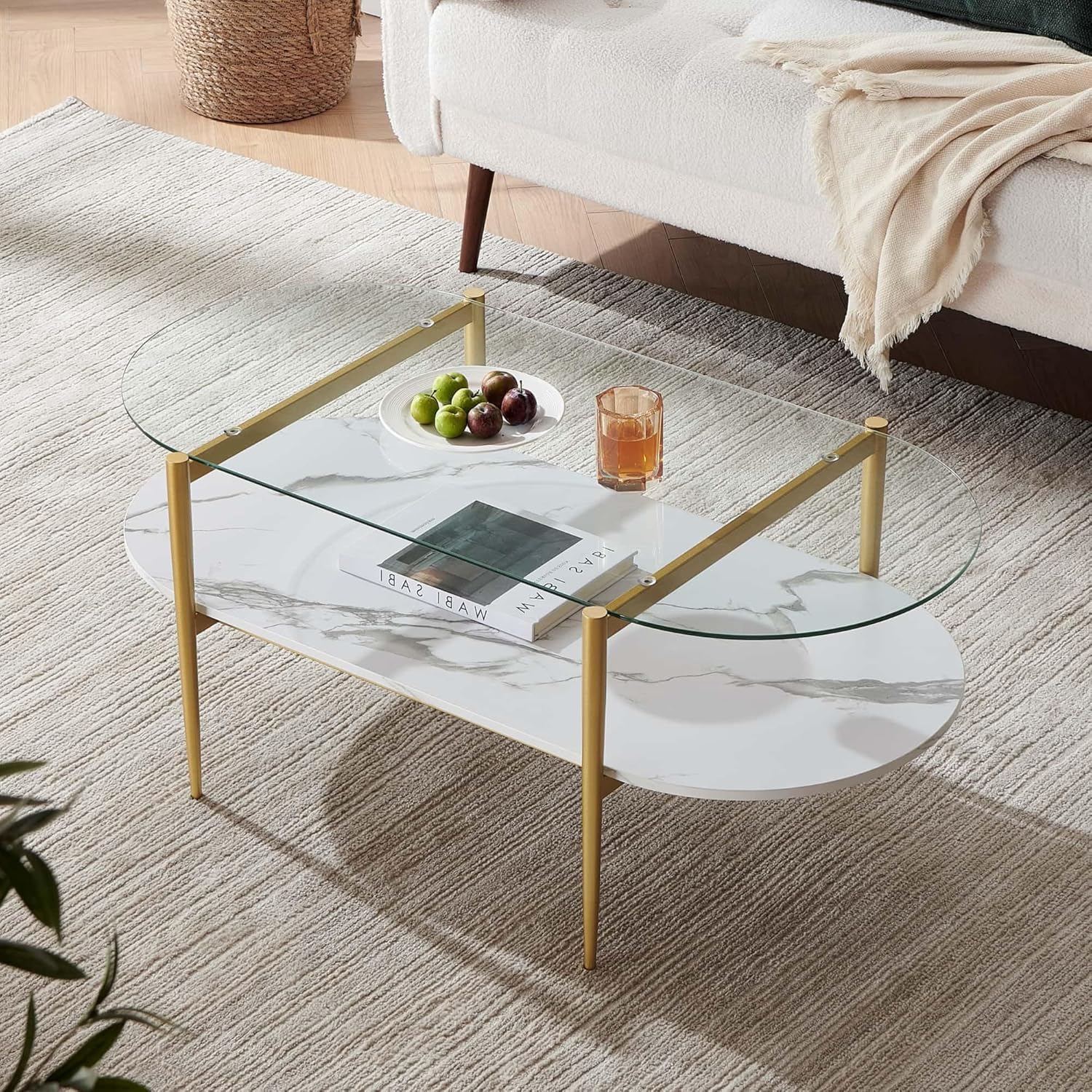 Oval Coffee Table, Mid-Century Modern Design, L41 x W21 x H17 inch, for Living Room, Clear Glass