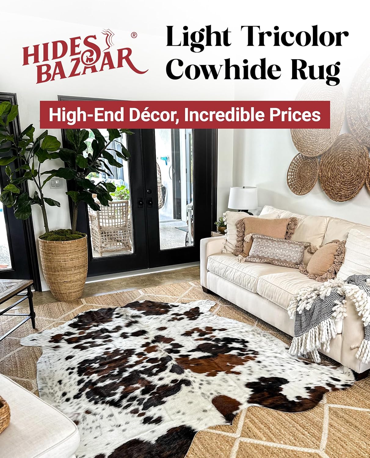 Natural Cowhide Rug for Home & Office Premium Light Tricolor Cowhide Rug with Mixed Brown, Black &