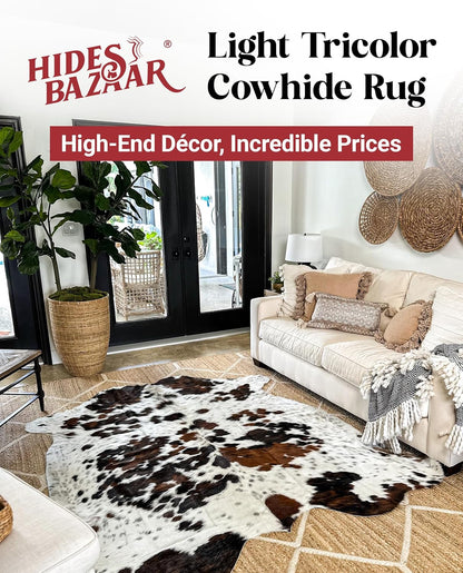 Natural Cowhide Rug for Home & Office Premium Light Tricolor Cowhide Rug with Mixed Brown, Black &