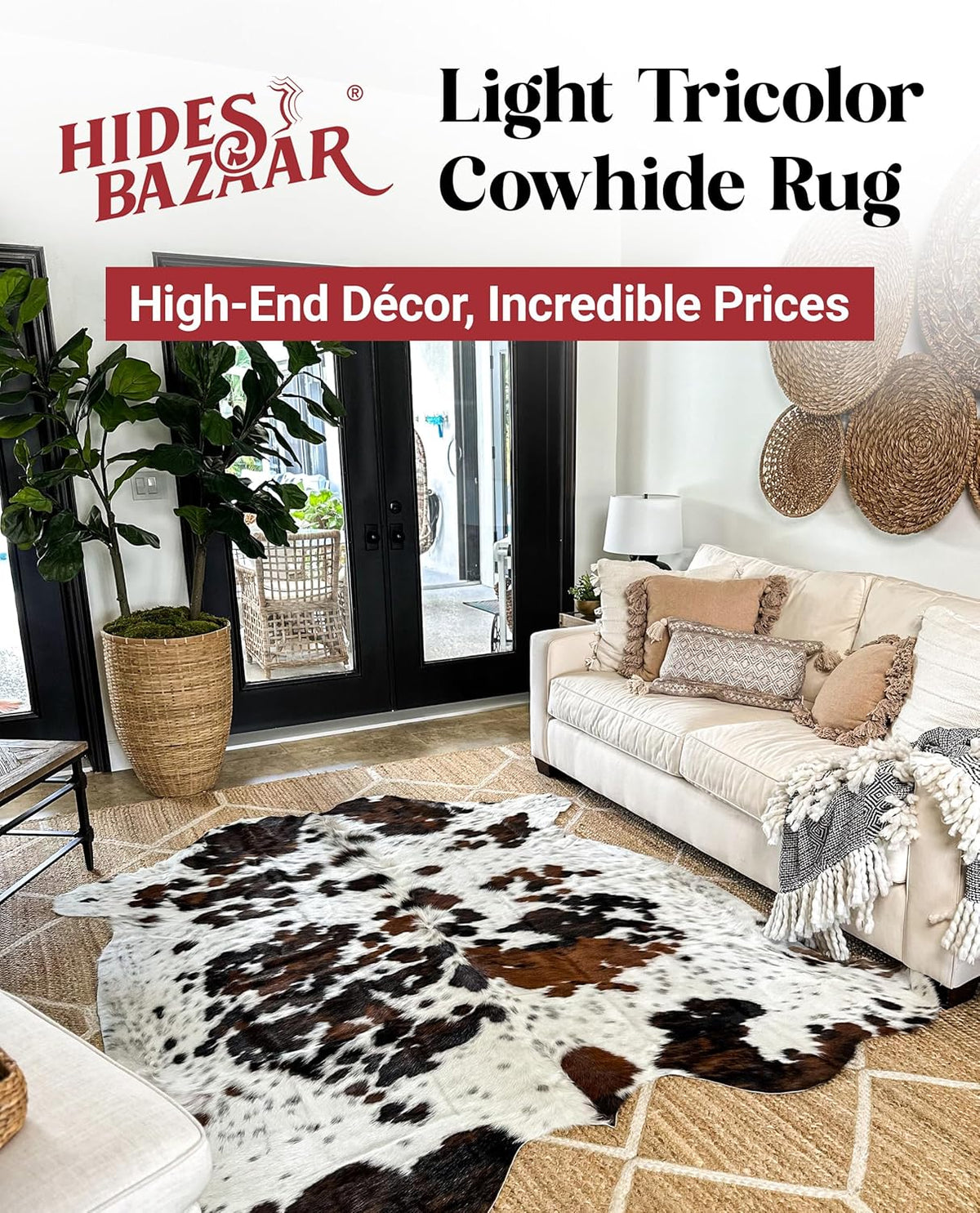 Light Tricolor Cowhide Rug Premium Cowhides Leather with Mixed White, Brown & Black Color Pattern
