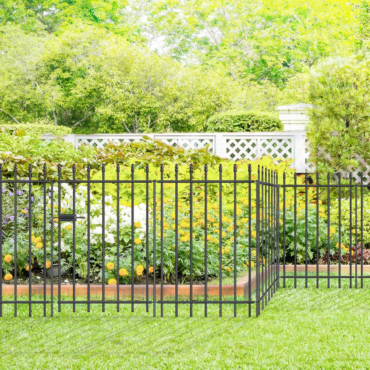 Metal Garden Fence with Gate 36 in H x 10 ft L, 1 Gate + 4 Panels Border Fence Panels Animal