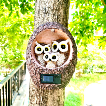 Garden Owl Family Tree Hugger Statue Solar Powered Outdoor Wall Mounted Figurine Light Resin
