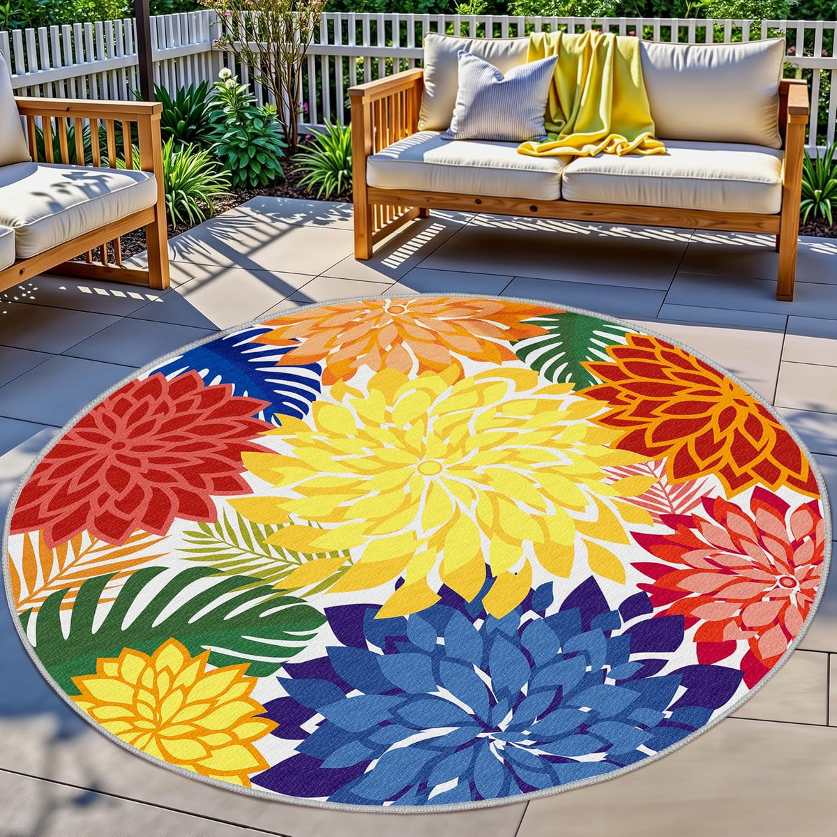 Indoor Outdoor 6FT Round Area Rug Washable Rugs Multicolored Patio Rug Tropical Botanical Modern
