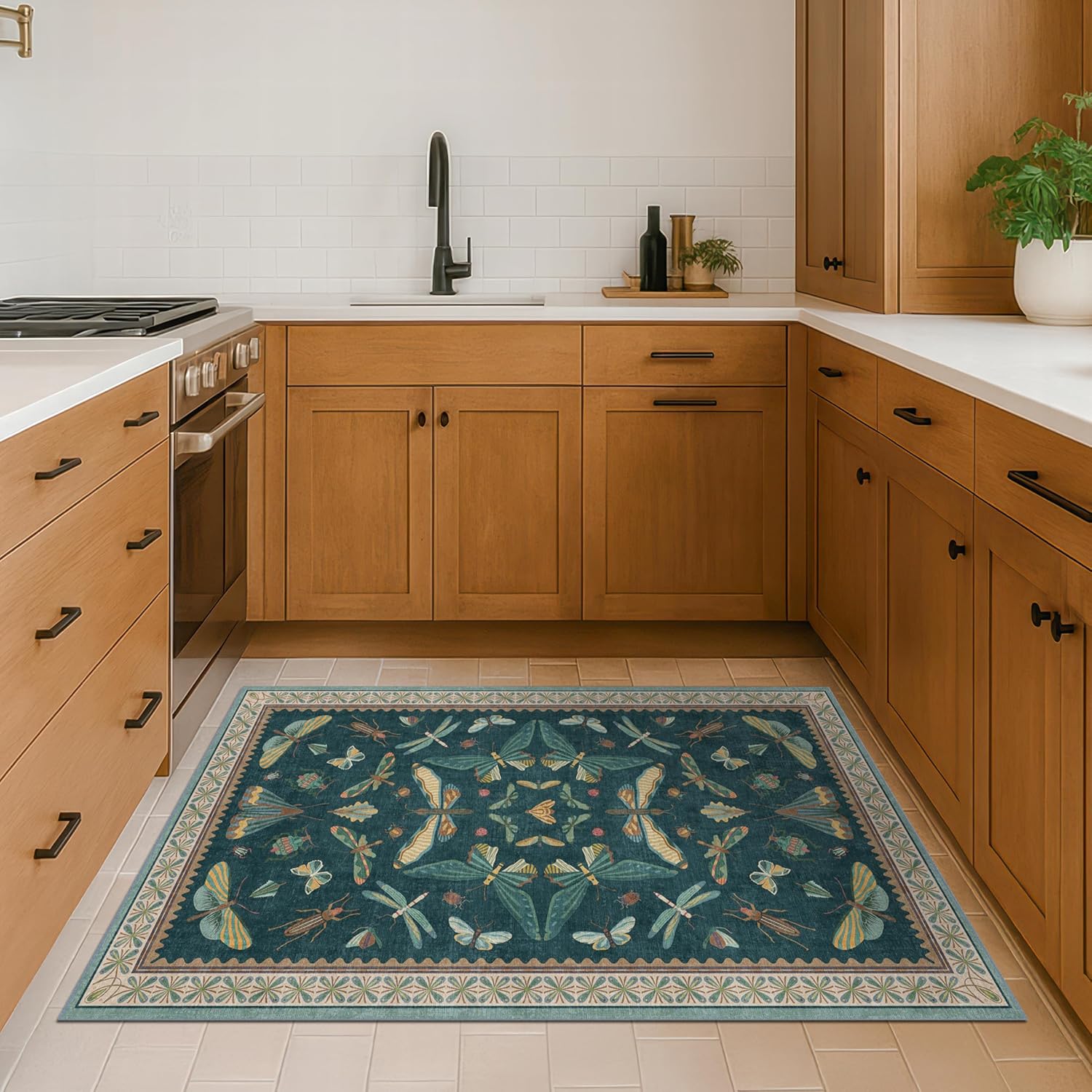 Teal 3x5 Entryway Rug - Door Rug Indoor for Large Kitchen, Living Room, Washable Low Pile Insect