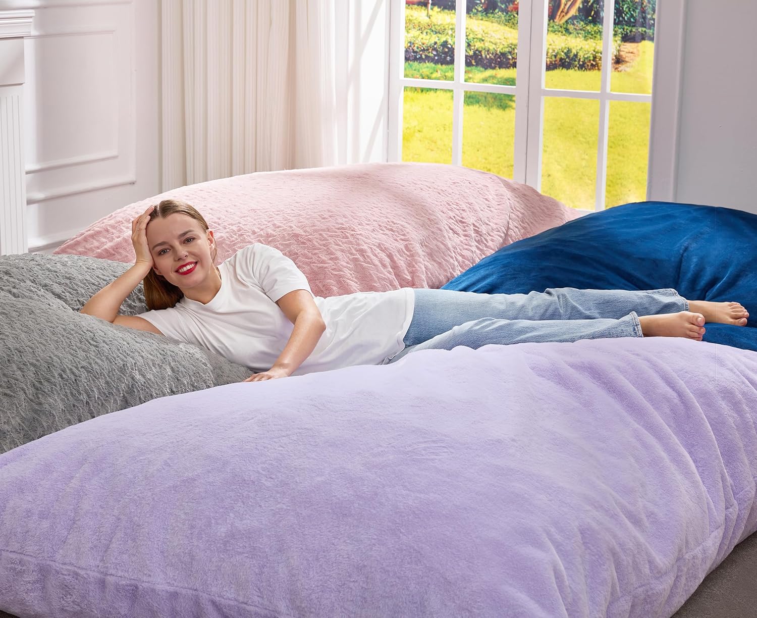 Hobestluk 3 in 1 Bean Bag Chair Giant Bean Bag Chairs for Adults with Plush Faux Fur Cover