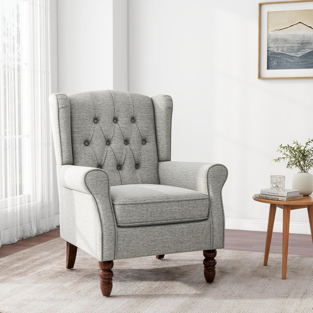 Accent Chair, Upholstered Armchair with Button Tufted High Back & Solid Wood Legs, Comfy Wingback