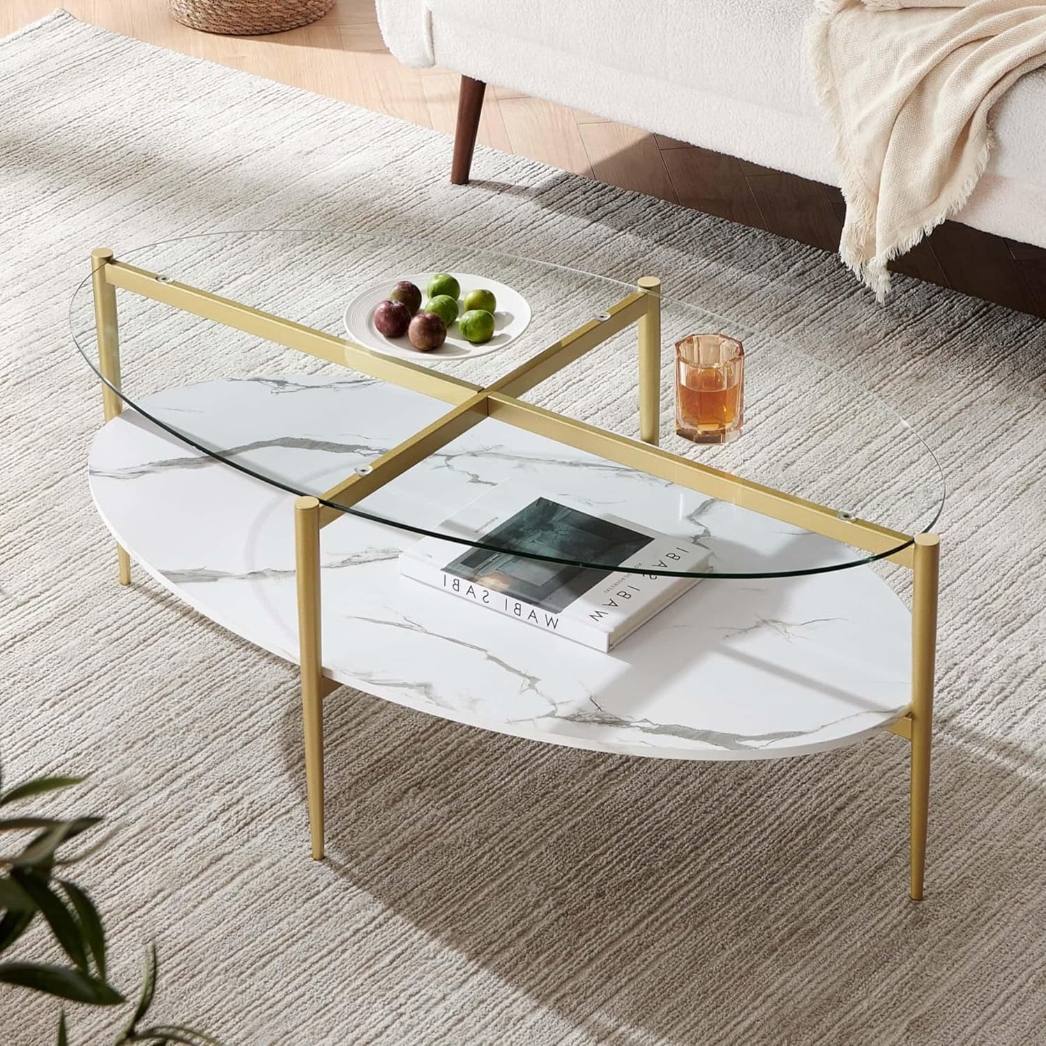 Oval Glass Coffee Table, Mid-Century Modern Design, L43 x W22 x H17 inch, Surfboard Shaped Clear