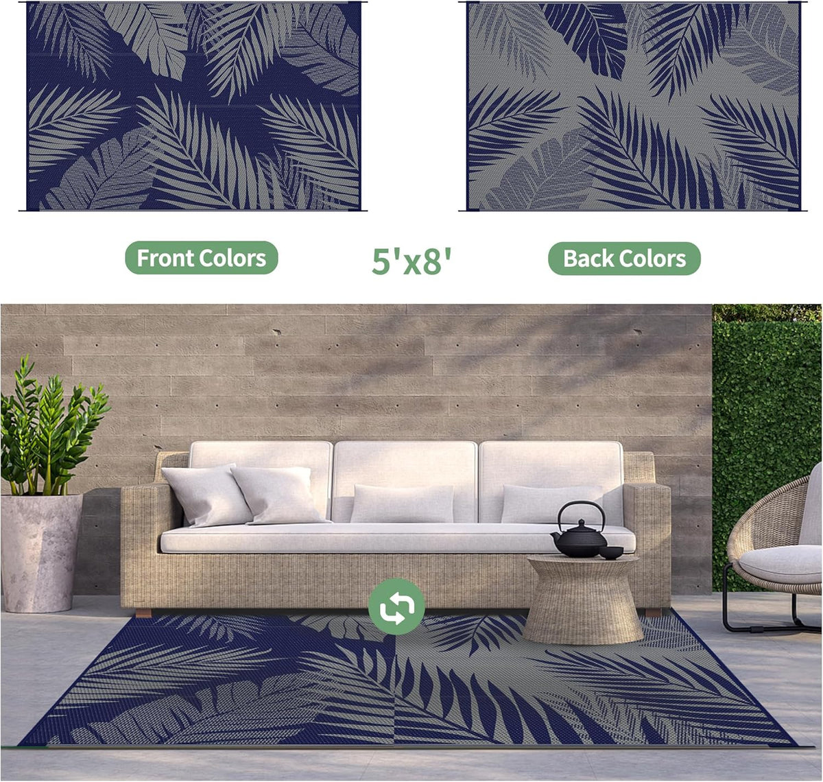 GENIMO Outdoor Rug 5' x 8' Waterproof for Patios Clearance, Reversible Outdoor Plastic Straw