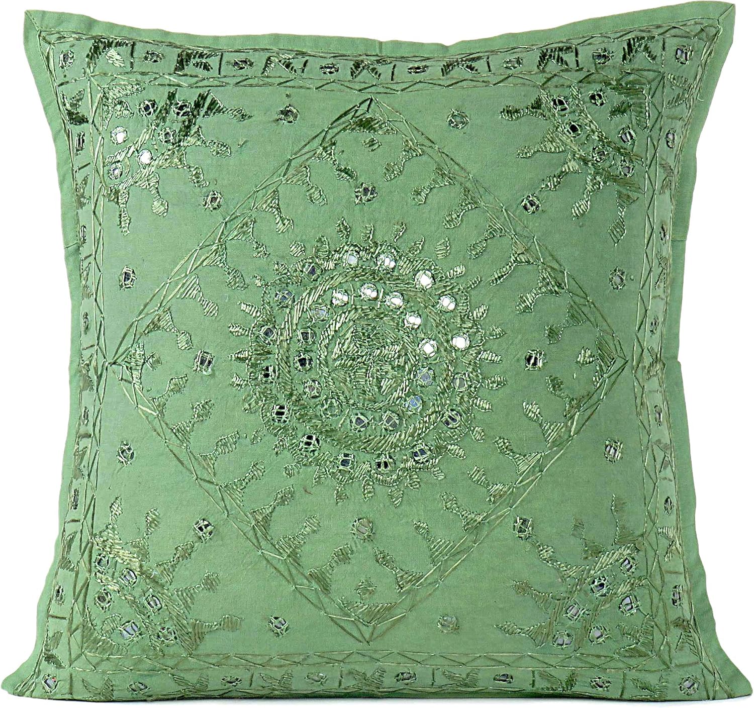 Eyes of India Embroidered Decorative Boho Throw Pillow Cover with Mirrors, Handmade Bohemian Accent
