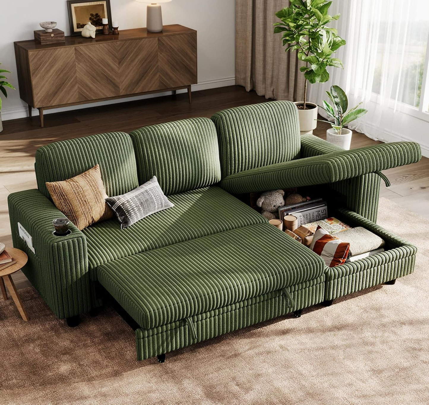 LINSY HOME Sectional Sleeper Sofa with Pull Out Couch Bed Convertible Plush Corduroy Cloud Couch