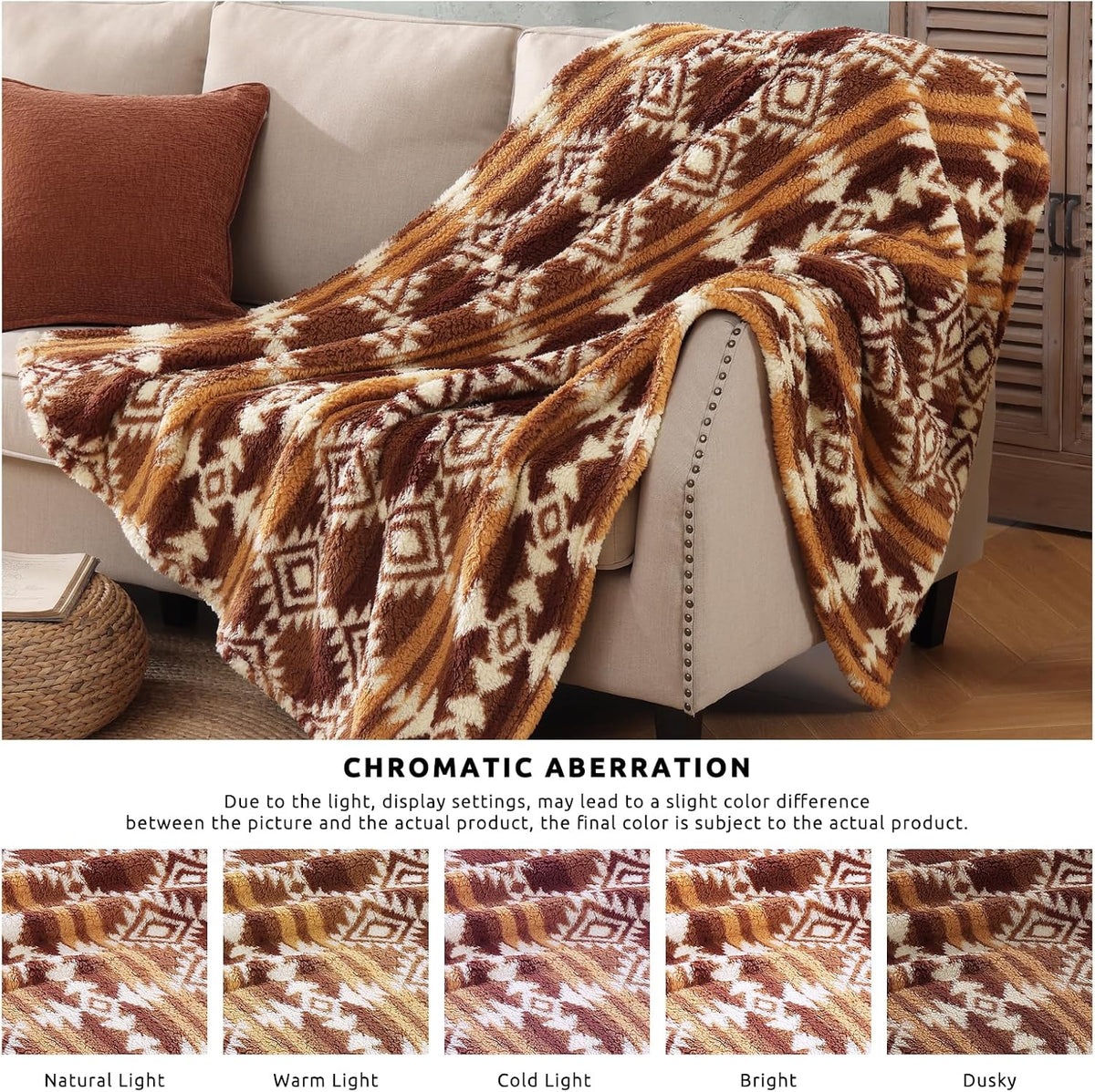 CASAAGUSTO Boho Sherpa Throw Blanket, Aztec, Ultra Soft, Warm, Cozy, Plush, Thick Fleece Bohemian