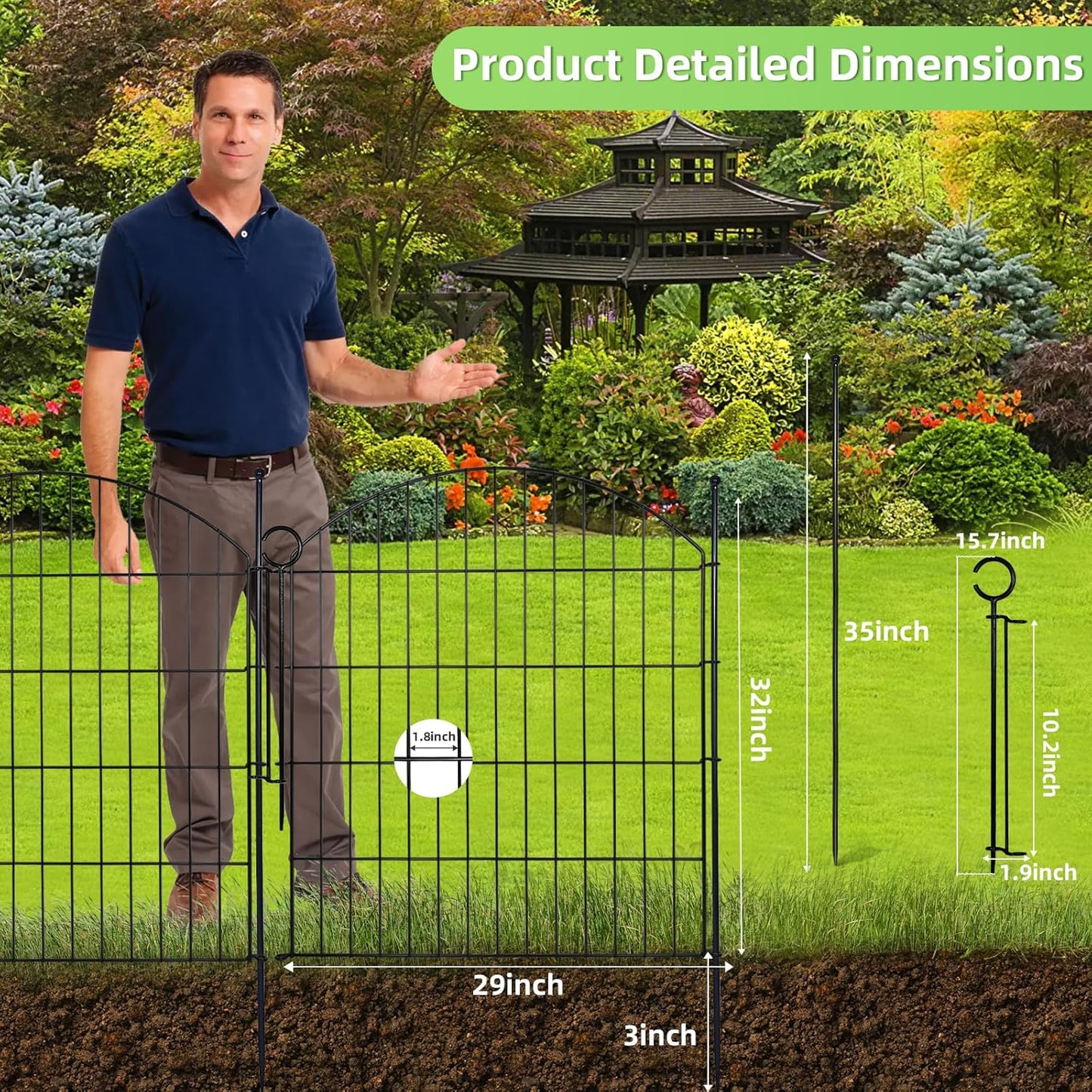 Decorative Garden Fence 32in (H) x12ft (L), 5 Pack No Dig Fence Animal Barrier for Dog with Lock