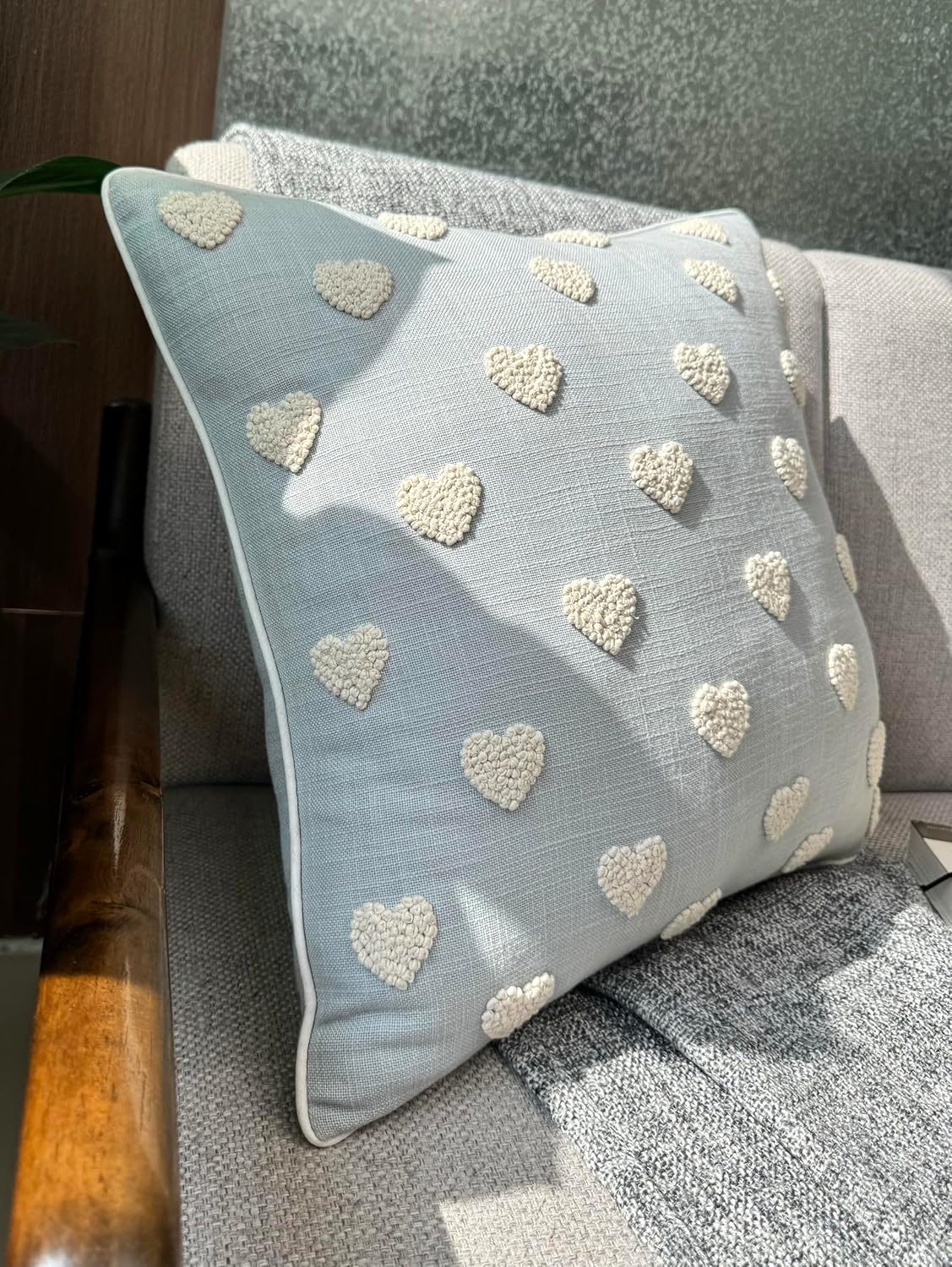 VAGMINE Hand Embroidered French Knotted Hearts Pillow Cover - 18x18 Inches Square - 100% Cotton