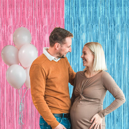 2 Pack Gender Reveal Decorations, 3.28 FT x 7.05 FT Pink and Blue Fringe Backdrop, Metallic Boy or