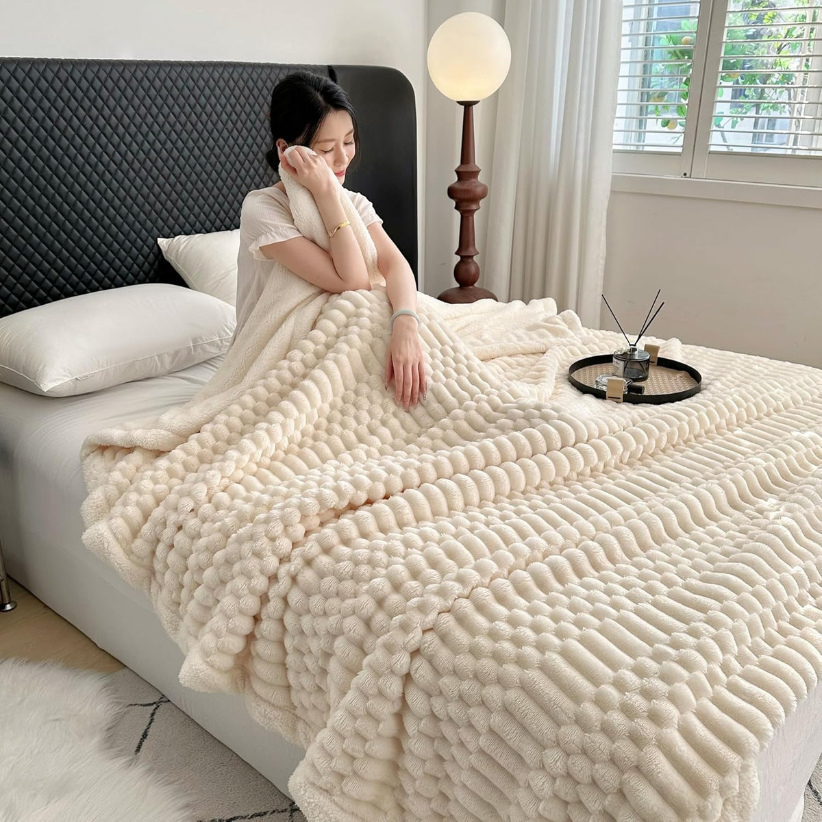 UKELER Off White Sherpa Throw Blankets 60 × 80 inch, 470 GSM Striped Sherpa Fleece Blanket for All
