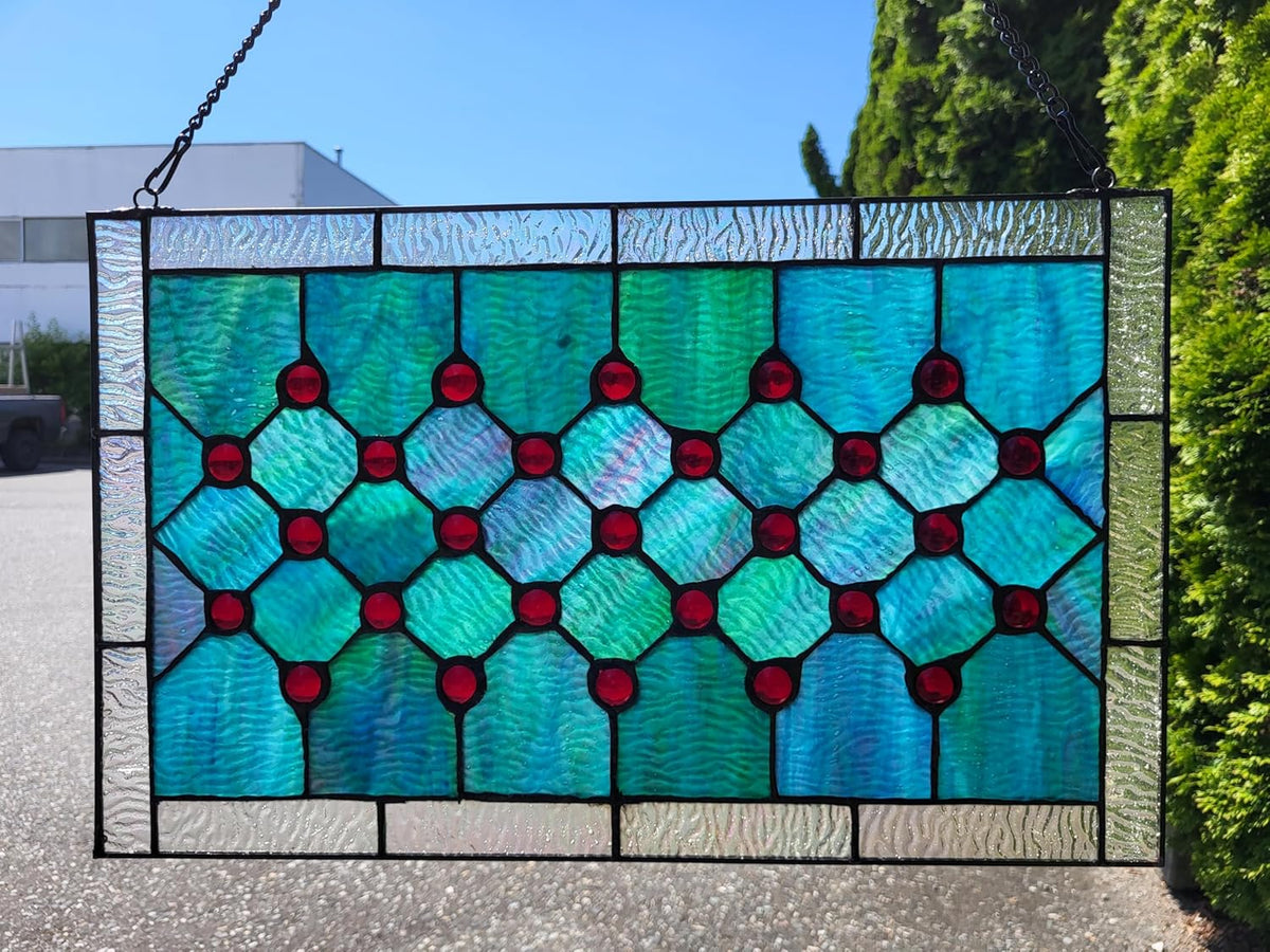 Tiffany-Style Stained Glass Window Panel, 100% Genuine Stained Glass and Cabochon, Handcrafted 73