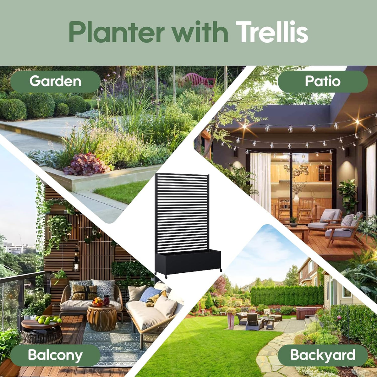 Metal Planter Box with Trellis Privacy Screen, Raised Garden Bed with Trellis & Wheels, Privacy