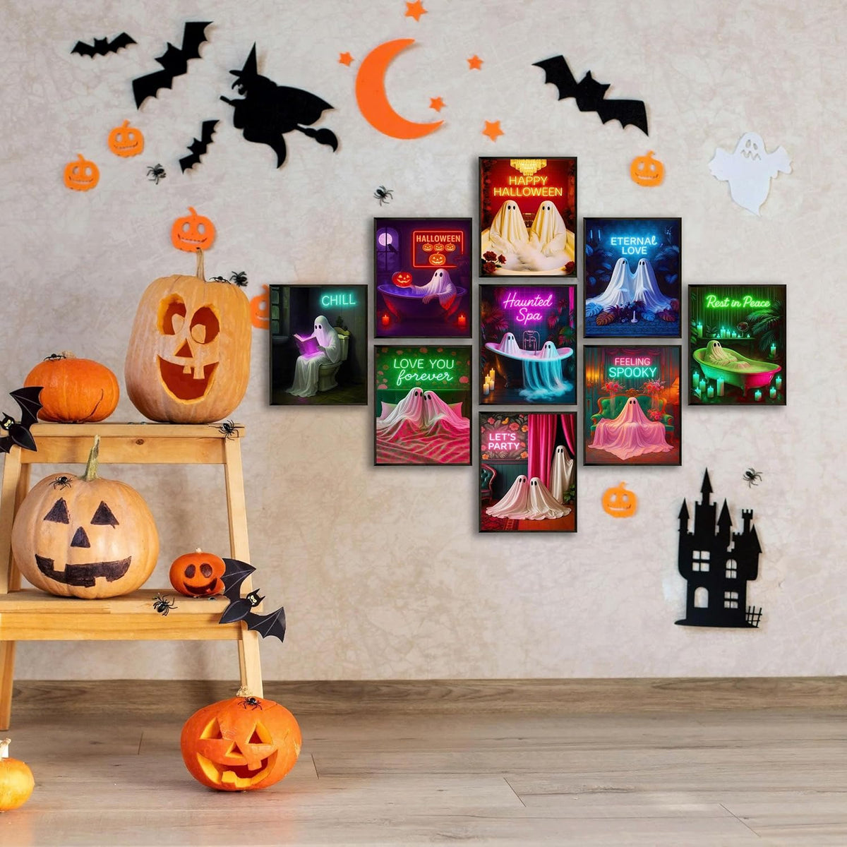 LANCHI95 Halloween Ghosts Wall Art Halloween Wall Art Gothic Romantic Couple Cute Ghost Wall Decor